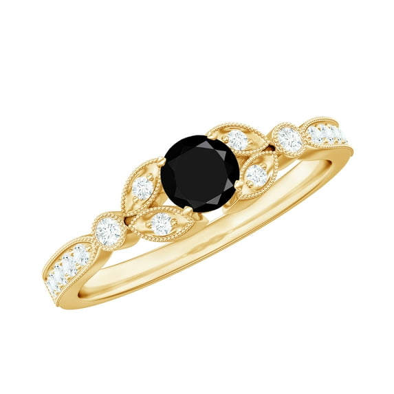 Rosec Jewels Natural Black Diamond Promise Engagement Ring with Moissanite - AAA Quality, 18K Yellow Gold, US 5.00