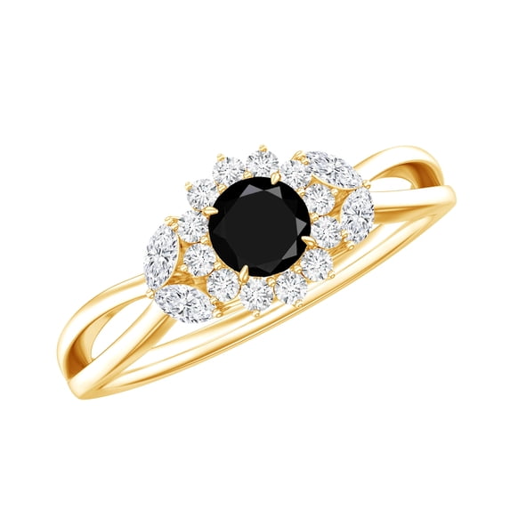 Rosec Jewels Natural Black Onyx and Diamond Ring, Black Onyx Flower Engagement Ring with Diamond, 18K Yellow Gold, US 10.00