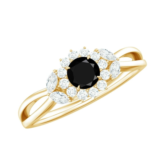 Rosec Jewels 1/2 CT Black Onyx and Diamond Ring, Black Onyx Flower Engagement Ring with Diamond, 18K Yellow Gold, US 12.00