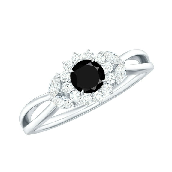 Rosec Jewels 1/2 CT Black Onyx and Diamond Ring, Black Onyx Flower Engagement Ring with Diamond, 925 Sterling Silver, US 4.00