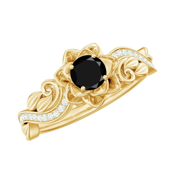 Rosec Jewels Natural Black Spinel Flower Engagement Ring with Diamond, Black Spinel Engagement Ring, 14K Yellow Gold, US 10.00