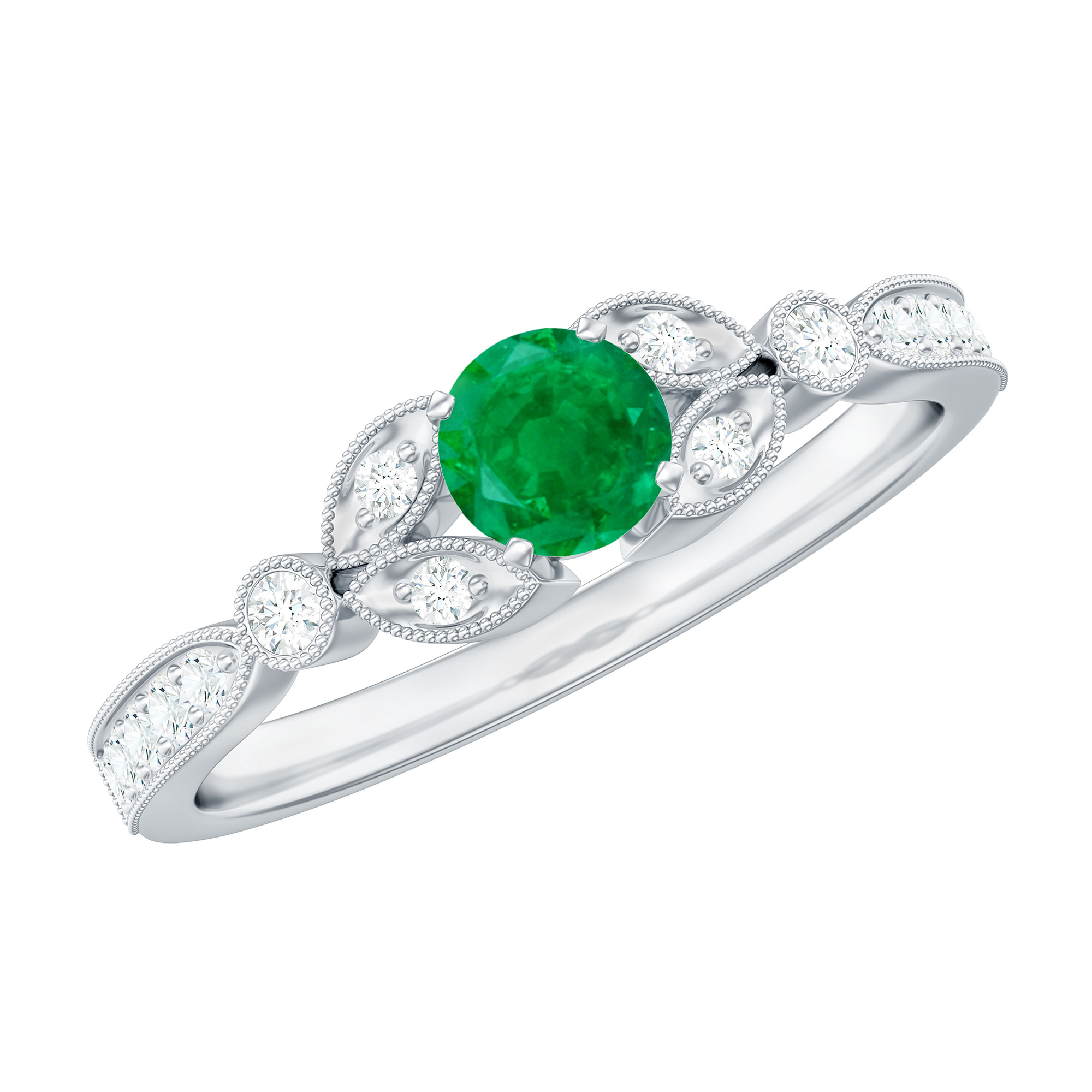 1/2 CT Emerald Diamond Estate Engagement Ring in Milgrain, 18K White