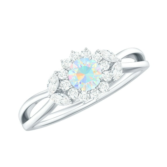 Rosec Jewels Natural Ethiopian Opal Flower Promise Ring for Women - Opal Diamond Ring - AAA Quality - Ready to Gift, 14K White Gold, US 10.00