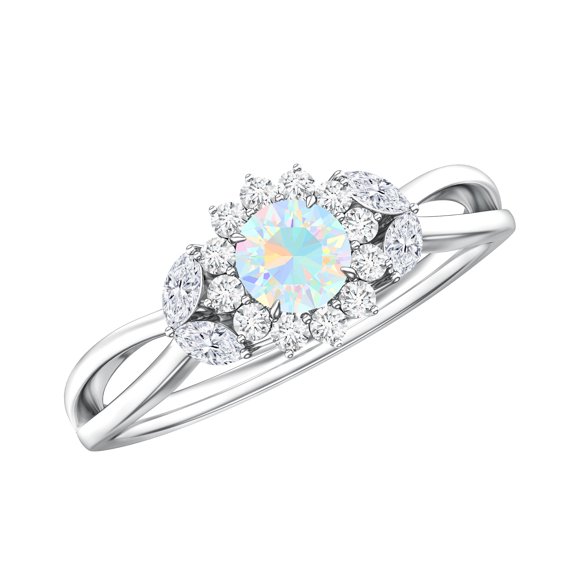 Rosec Jewels Natural Ethiopian Opal Flower Promise Ring for Women - Opal Diamond Ring - AAA Quality - Ready to Gift, 925 Sterling Silver, US 4.00