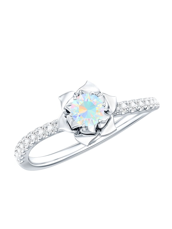 1/2 CT Ethiopian Opal and Diamond Flower Engagement Ring, Round Shape Ethiopian Opal Solitaire Engagement Ring, October Birthstone Ring, 10K White Gold, US 9.00