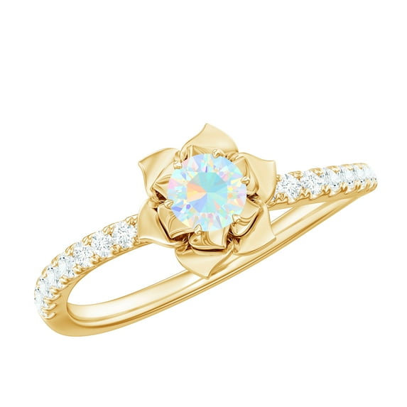 Rosec Jewels 1/2 CT Ethiopian Opal and Diamond Flower Engagement Ring, 4 MM Round Shape Ethiopian Opal Solitaire Engagement Ring, October Birthstone Ring, 18K Yellow Gold, US 8.50