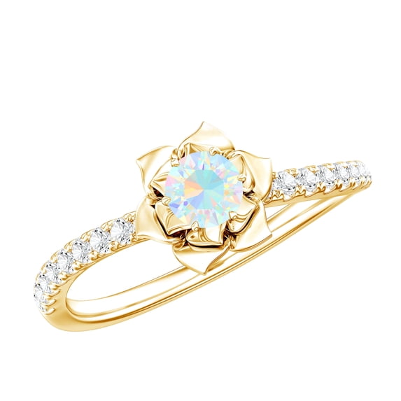 1/2 CT Ethiopian Opal and Diamond Flower Engagement Ring, Round Shape Ethiopian Opal Solitaire Engagement Ring, October Birthstone Ring, 18K Yellow Gold, US 8.50