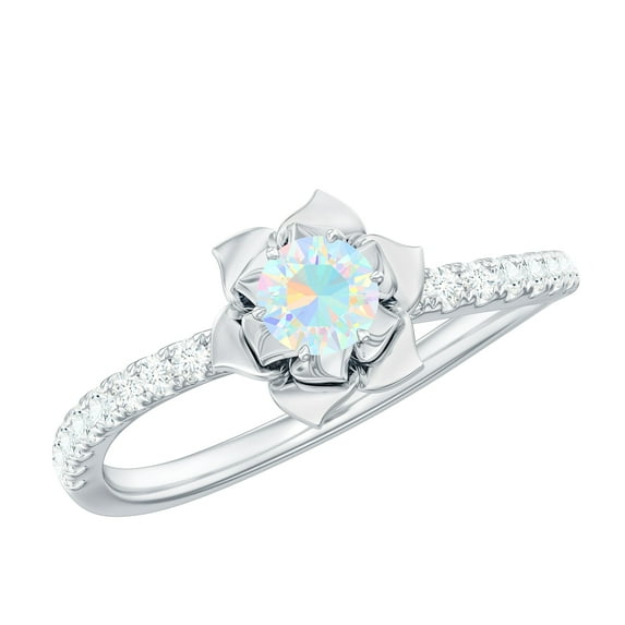 Rosec Jewels 1/2 CT Ethiopian Opal and Diamond Flower Engagement Ring, 4 MM Round Shape Ethiopian Opal Solitaire Engagement Ring, October Birthstone Ring, 925 Sterling Silver, US 4.00