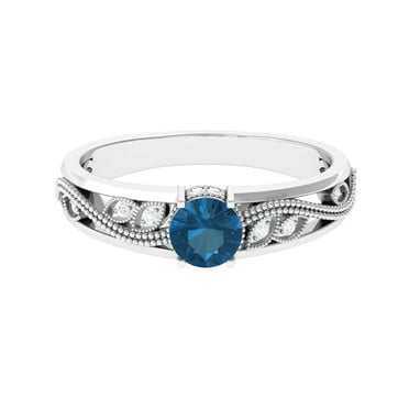 Rosec Jewels 1/2 CT London Blue Topaz and Diamond Anniversary Ring with Leaf Motif Detail for Women, 925 Sterling Silver, US 4.00