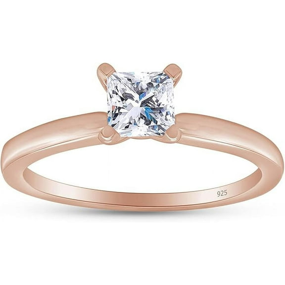 AFFY 0.50CT Princess Cut White Cubic Zirconia Solitaire Ring for Women 14K Rose Gold over Silver-6.5