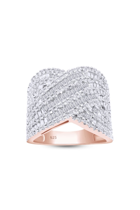 1/2 CT Round & Baguette Cut Natural White Diamond Crossover Band Ring In 14K Rose Gold Plated 925 Sterling Silver (Color: I-J, Clarity: I2-I3, 0.50 Cttw) -5.5