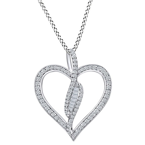 AFFY 1/2 CT Round/Baguette White Natural Diamond Bypass Heart Pendant Necklace 14k White Gold Over Sterling Silver with 18" Chain (I-J Color, I2-I3 Clarity, 0.50 Cttw)