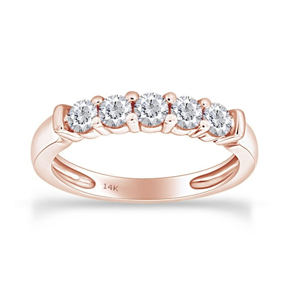 1/2 CT Round Cut Natural White Diamond Five Stone Engagement Band Ring For Women In 14K Solid Rose Gold (Color: G-H, Clarity: I2-I3, 0.50 Cttw) IGI Certified