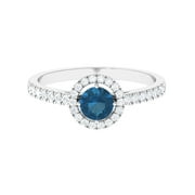 1/2 CT Round Shape London Blue Topaz and Diamond Halo Engagement Ring with Side Stones, 925 Sterling Silver, US 4.00
