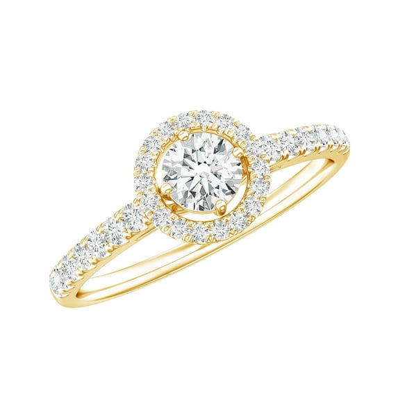 Rosec Jewels 1/2 CT Round Shape Moissanite Halo Engagement Ring with Side Stones, 10K Yellow Gold, US 3.00