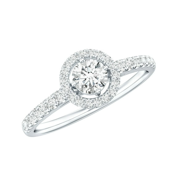 Rosec Jewels 1/2 CT Round Shape Moissanite Halo Engagement Ring with Side Stones, 925 Sterling Silver, US 4.00