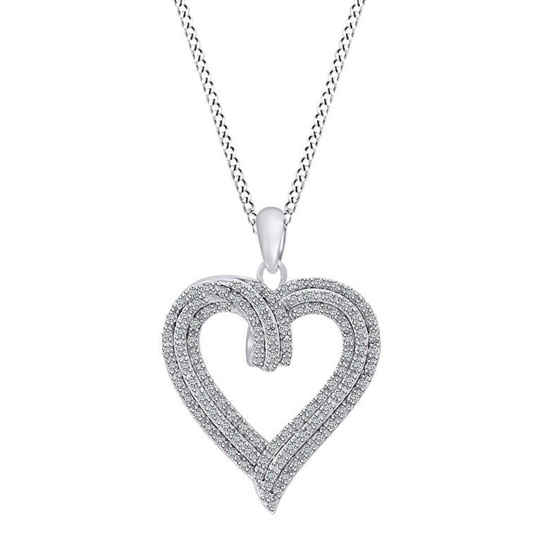 1 2 CT Round White Natural Diamond Layered Ribbon Heart Pendant Necklace 10k Solid White Gold 18