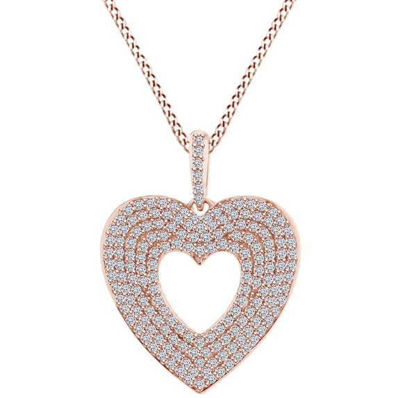 AFFY 1/2 CT Round White Natural Diamond Multi Row Heart Pendant Necklace 14k Rose Gold Over Sterling Silver 18" Chain (I-J Color, I2-I3 Clarity, 0.50 CT)