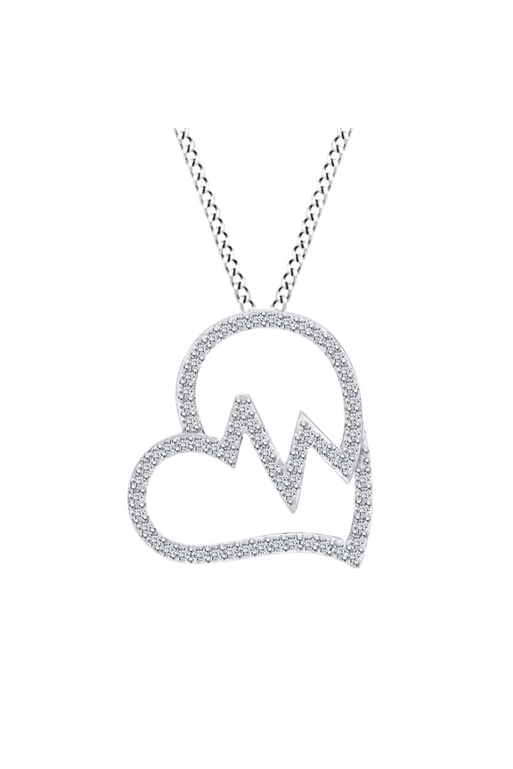 1/2 CT Round White Natural Diamond Tilted Heart with Heartbeat Pendant Necklace 10k Solid White Gold 18" Chain (I-J Color, I2-I3 Clarity, 0.50 CT)