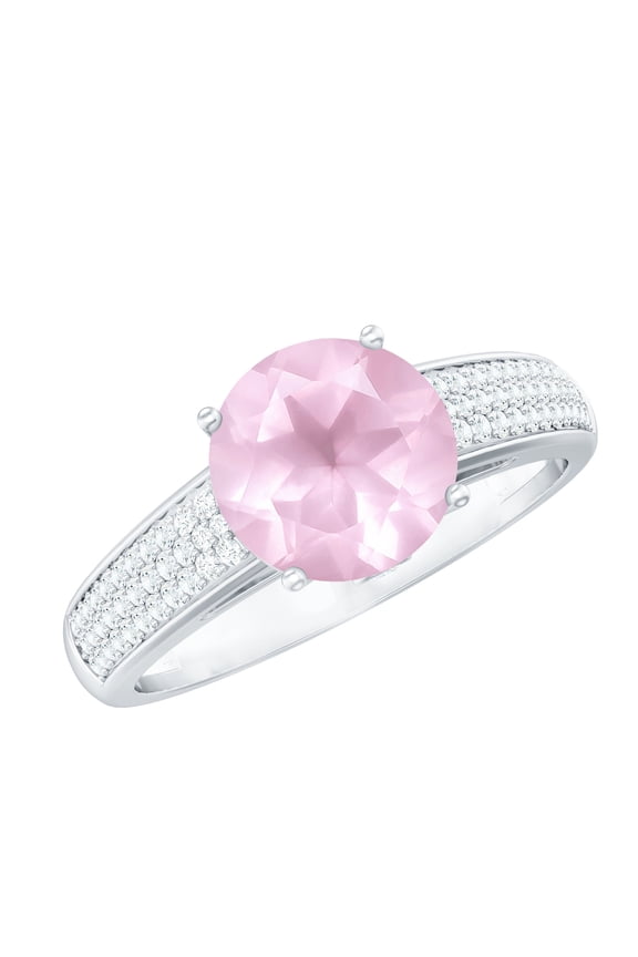 1/2 CT Solitaire Rose Quartz Engagement Ring in 4 Prong Setting with Surprise Diamond and Side Stones, 18K White Gold, US 4.50