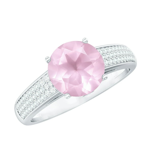 Rosec Jewels 1/2 CT Solitaire Rose Quartz Engagement Ring in 4 Prong Setting with Surprise Diamond and Side Stones, 925 Sterling Silver, US 4.00