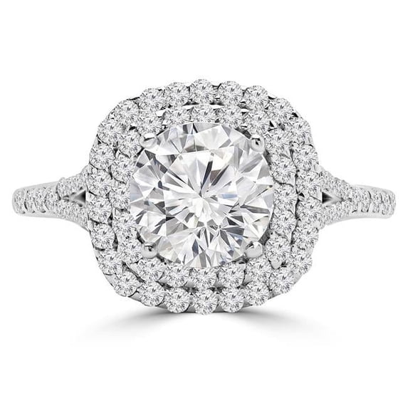 1.2 CTW Round Diamond Double Cushion Split Shank Cathedral Halo Engagement Ring with Accents in 14K White Gold - Size 3.5