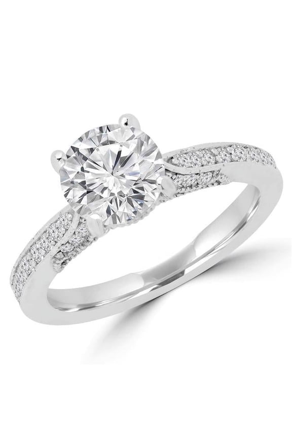 1.2 CTW Round Diamond Solitaire with Accents Engagement Ring in 14K White Gold - Size 4