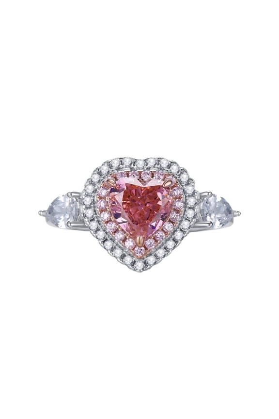 1.2 Carat 925 Sterling Silver Engagement Rings for Women 3-Prong Halo Anniversary Promise Rings for Her Heart-Shaped Statement Pink Cocktail Rings