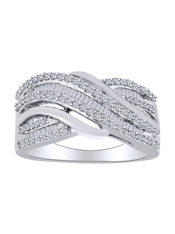1/2 Carat Baguette & Round Shape White Natural Diamond Crossover Band Ring In 10K Solid White Gold (0.50 Cttw)-Ring Size-8