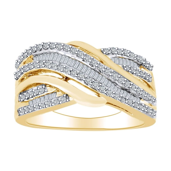 AFFY 1/2 Carat Baguette & Round Shape White Natural Diamond Crossover Band Ring In 10K Solid Yellow Gold (0.50 Cttw)-Ring Size-5.5