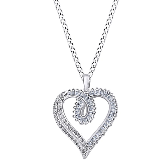 AFFY 1/2 Carat Baguette/Round White Natural Diamond Loop Heart Pendant Necklace 10k Solid White Gold 18" Chain (I-J Color, I2-I3 Clarity, 0.50 CT)