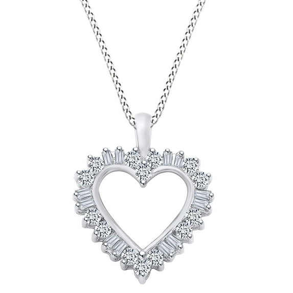AFFY 1/2 Carat Baguette/Round White Natural Diamond Open Heart Pendant Necklace 10k Solid White Gold With 18" Chain (I-J Color, I2-I3 Clarity, 0.50 Cttw)