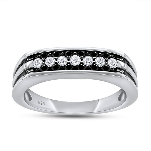 1/2 Carat CTTW Round Cut Black And White Natural Diamond Men's Wedding Band Promise Ring In 14K White Gold Over Sterling Silver (0.50 Cttw,I2-I3 Clarity)