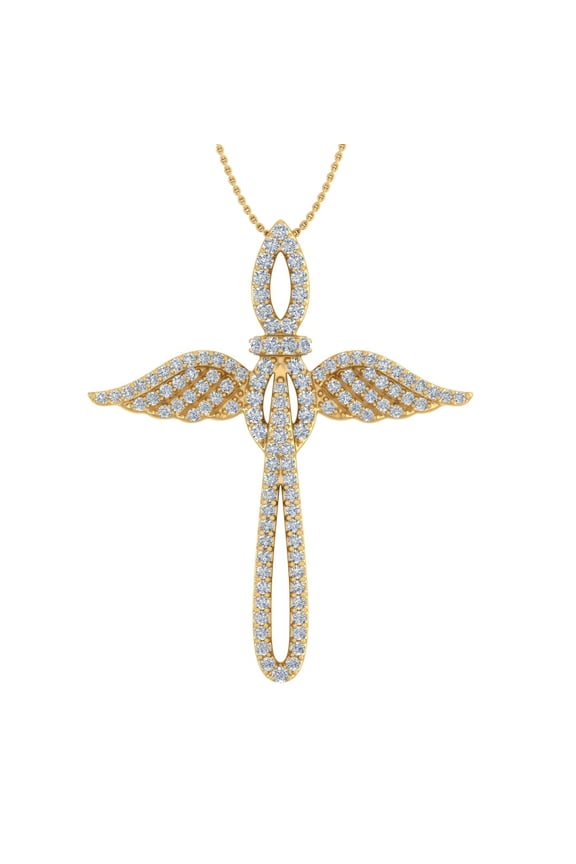 1/2 Carat Diamond Angel Wing Cross Pendant Necklace in 10k Yellow Gold (Silver Chain Included)