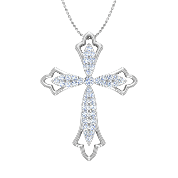 1/2 Carat Diamond Cross Pendant Necklace in 14k White Gold - IGI Certified (Silver Chain Included) (I1-I2 Clarity)