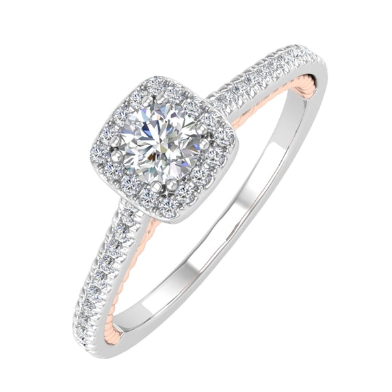 1/2 Carat Diamond Cushion Shape Halo Engagement Ring in 10K White & Rose Gold - IGI Certified (Ring Size 4.75)