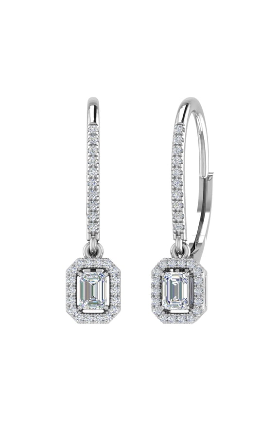 1/2 Carat Emerald Cut Halo Diamond Drop Dangling Earrings in 14K White Gold