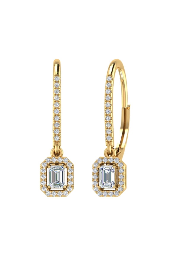 1/2 Carat Emerald Cut Halo Diamond Drop Dangling Earrings in 14K Yellow Gold