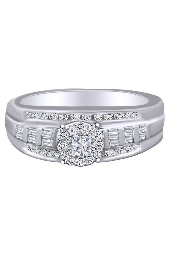 1/2 Carat Princees & Round Cut Natural Diamond Halo Engagement Wedding Ring 10k Solid White Gold (0.50 Cttw)