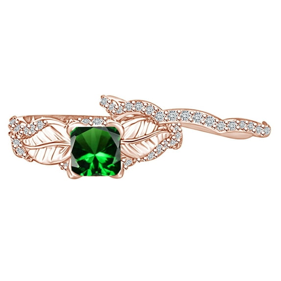 AFFY 1.2 Carat Princess Cut Simulated Emerald & Natural Diamond Leaf Engagement Ring 14k Solid Rose Gold Ring Size-7.5