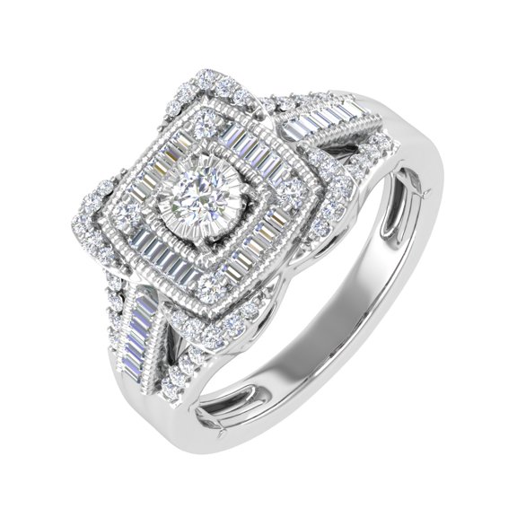 1/2 Carat Round & Baguette Shape Diamond Cushion Shaped Halo Ring in 10K White Gold - IGI Certified (Ring Size 6.5)