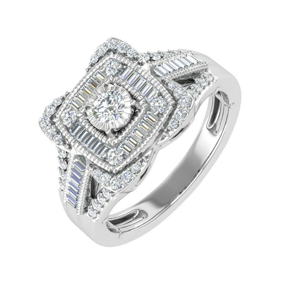 1/2 Carat Round & Baguette Shape Diamond Cushion Shaped Halo Ring in 10K White Gold (Ring Size 6.5)