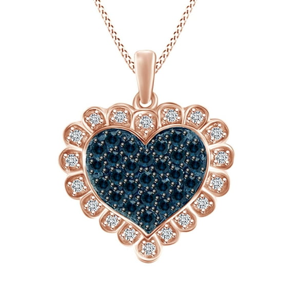 AFFY 1/2 Carat Round Blue & White Natural Diamond Heart Pendant Necklace In 925 Sterling Silver (0.50 Cttw)