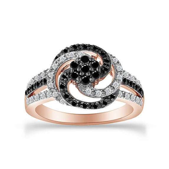 1/2 Carat Round Cut Natural Enhanced Black & White Diamond Flower Design Swirl Ring In 14K Rose Gold Over Sterling Silver (0.5 Cttw, I2-I3 Clarity), Ring Size- 5