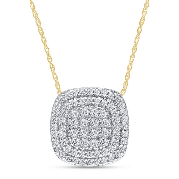 AFFY 1/2 Carat Round Cut White Natural Diamond Double Cushion Frame Pendant Necklace Along With 18" Chain In 14K Yellow Gold Over Sterling Silver (0.5 Cttw, I2-I3 Clarity)
