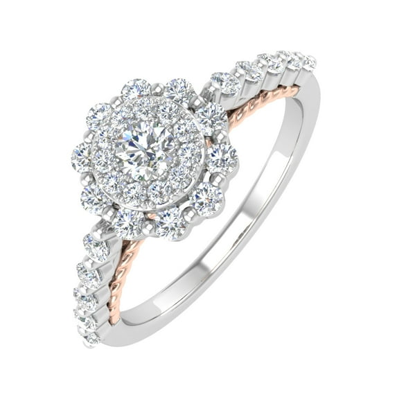 1/2 Carat Round Diamond Halo Ring in 10K White & Rose Gold - IGI Certified (Ring Size 6)