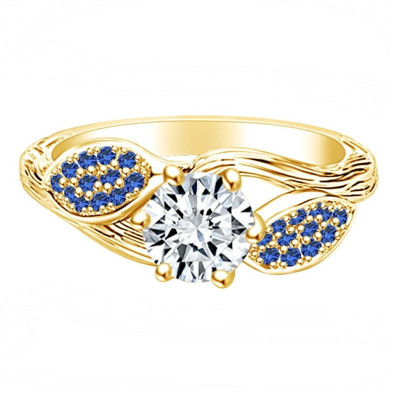 AFFY 1.2 Carat Round Moissanite & Simulated Blue Sapphires Branch & Leaf Engagement Ring 14K Solid Gold Yellow Gold Ring Size-10