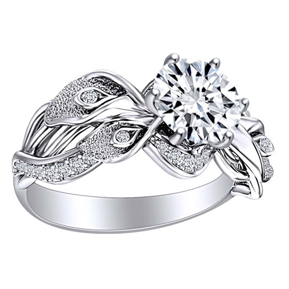 AFFY 1.2 Carat Round Shape Moissanite & Natural Diamond Lily Flower Engagement Ring 14K Solid White Gold Ring Size-6.5