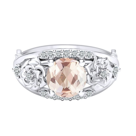 AFFY 1.2 Carat Round Shape Simulated Morganite & Natural Diamond Flower Engagement Ring 14k Solid White Gold Ring Size-7.5