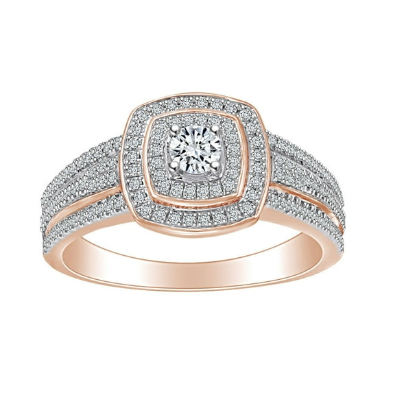 AFFY 1/2 Carat Round Shape White Natural Diamond Double Frame Engagement Ring In 10k Solid Rose Gold (0.50 Cttw) Ring Size-6